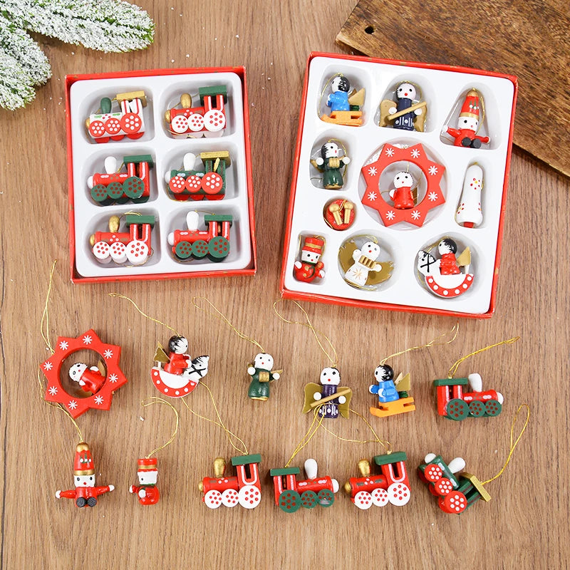 Wooden Train Pendants Christmas Tree Mini Hanging Doll Ornaments