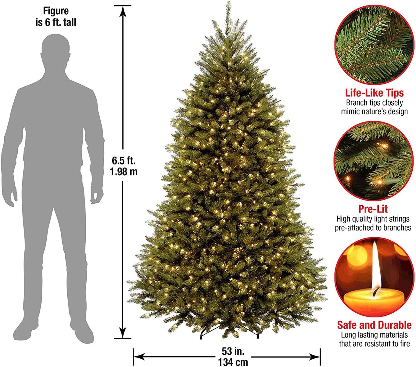 National Tree Company 6.5 ft Pre-Lit Dunhill Fir Artificial Christmas Tree, 650 Clear Lights, 1,838 Tips, Includes Stand, Green